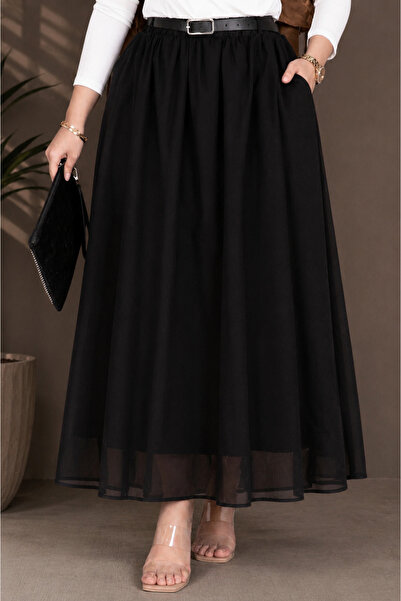 ASTEMİA Women's Belted Pocketed Maxi Length Summer Skirt Sb0042