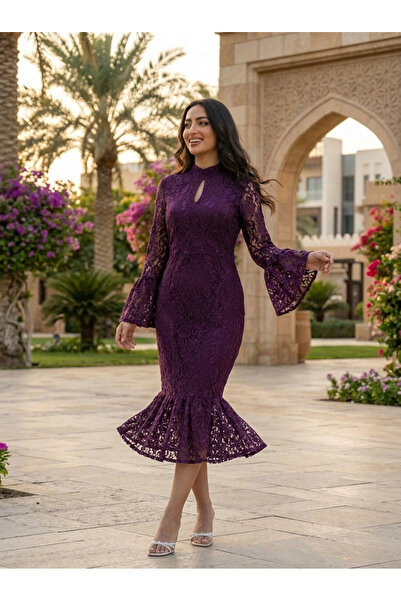 SUGA Luxurious Lace Midi Dress with Flared Sleeves