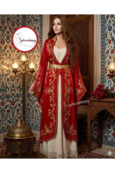 Gelincimherşey Mahidevran Model Kırmızı Saten İşlemeli Kaftan Bindallı