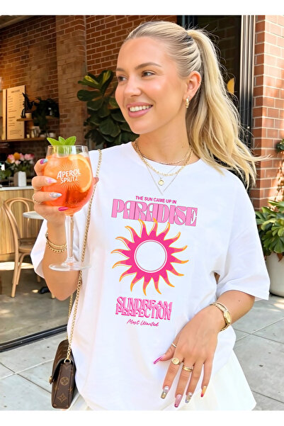 SUNFREE Tricou de bază cu mânecă scurtă, supradimensionat, cu imprimeu PARADISE