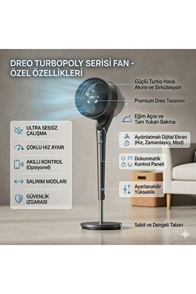 DREO Turbopoly 154 Güçlü Hava Akımlı Yüksek Performanslı Sessiz Siyah Vantilatör
