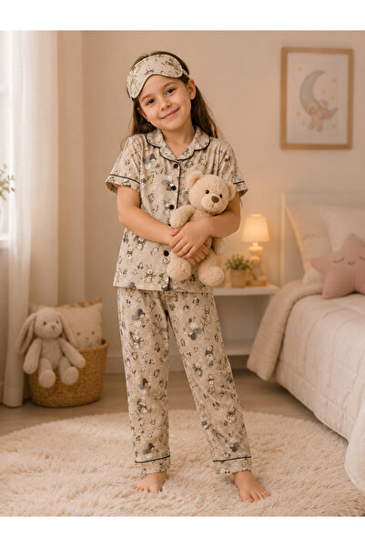 SERPİL Kız Çocuk Tavşan Desenli Pijama Takımı Uyku Bantlı Düğmeli Uzun Paça E...