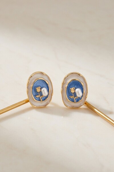 bacc Blue Rose Figured Enamel Vintage Medallion Earrings