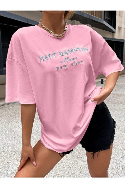 JENOLAN Tricou oversize cu imprimeu East Hampton pentru femei/fete Boyfirend