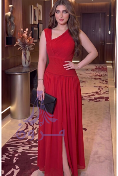 Mazon Fashion فستان سهرة أحمر فاخر بتصميم مكشوف الكتفين وتفاصيل مطوية