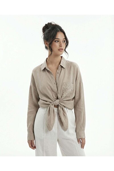 CKM MODA Konule embroidery pocket detailed oversize shirt mink