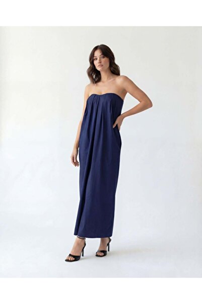CKM MODA Asca navy blue dress with slit and pocket detail