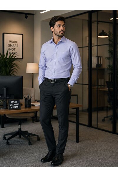 GÖMLEK GALERİSİ Men's Classic Wide Cut Plain Filafil Woven Long Sleeve Shirt