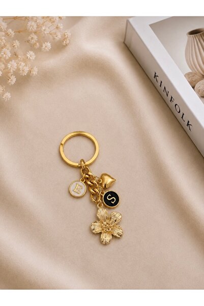 Elvia Atelier Harfli Anahtarlık Kişiye Özel Çiçek Charm Detaylı Anahtarlık (1...