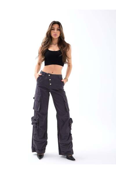 CKM MODA Gela Cargo Pocket Loose Trousers Smoked