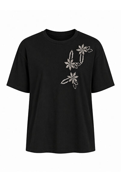 HAZELANNA Üç Çiçek Taşlı Siyah Tshirt