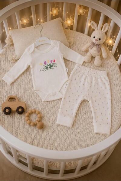 Tuğra Bebe طقم أطفال مكون من قطعتين: بذلة بأكمام طويلة مطرزة بالزهور وبنطلون ...