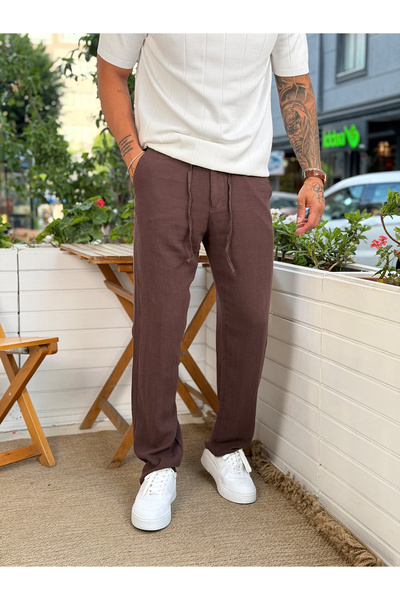 manch collection Drawstring Waist 100% Linen Trousers Brown