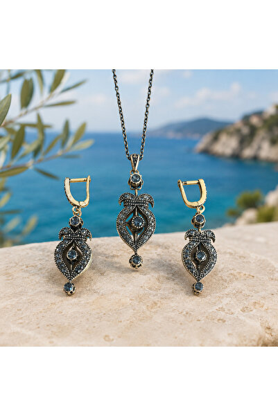 Shinestar atelier Otantik Taşlı Kolye Küpe Takı Seti Antik Gümüş Kadın | Heri...