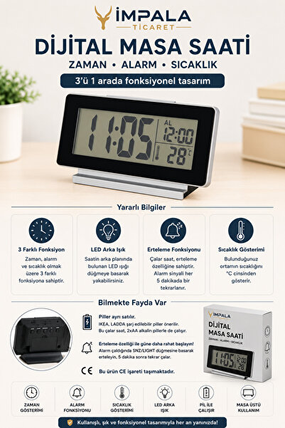IKEA Digital Fılmıs Fonksiyonel Saat, Siyah, 16.5x9 Cm Siyah Plastik Modern