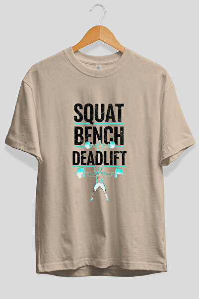 Ankhises Squat Bench Deadlift 3 Oversize Front Printed Beige T-Shirt 100% Cot...