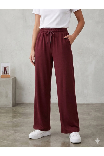 MiŞa adella MiŞa Premium Kumaş Kadın Bordo Düz Paça Rahat Kesim Eşofman Altı