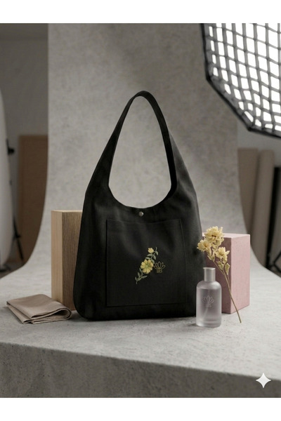 LTS Linen Tote Shoulder Bag, Hobo Bag, Black Cloth Bag