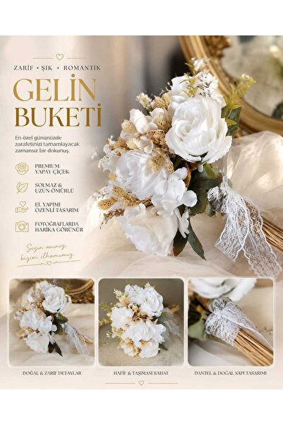 WhiteConcept Beyaz Gül ve Dantel Detaylı Premium Gelin Buketi
