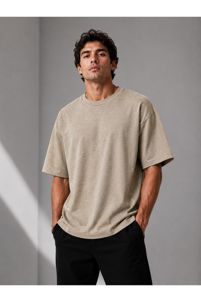 metsawear Men's Premium Oversize Stone Beige Color Basic T-Shirt - Soft Textu...