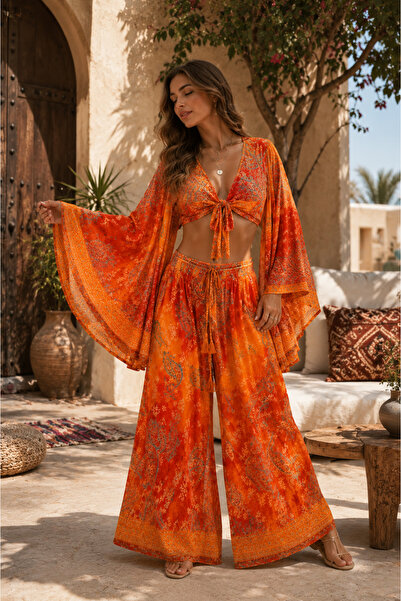 laviyonsa Authentic Ethnic Patterned Bolero & Pants Orange Set 36-42 Std