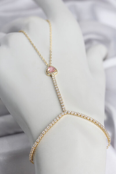 Lisinya Gold Color Brass Zircon Stone Pink Heart Model Şahmeran -