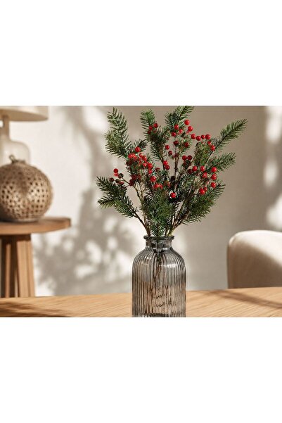 PINALE ART Lüks Tek Dal Yapay Bitki Kırmızı Taneli Çam İğnesi Dalı 88 cm