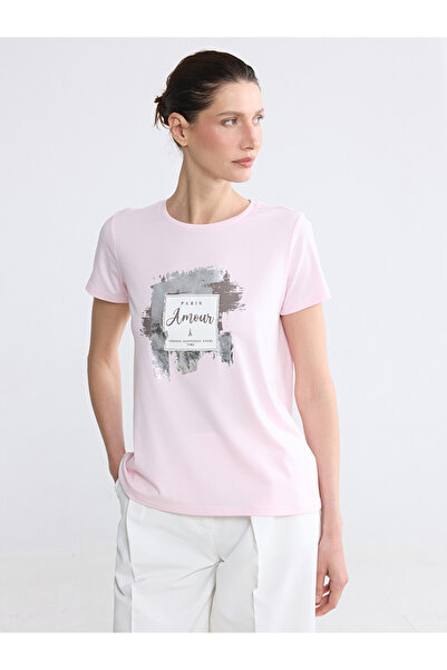 LC Waikiki Pink bicycle collar paris Printed women's t-shirt