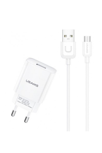 Usams φορτιστής τοίχου T21OCMC01 με καλώδιο Micro USB, USB 2.1A, λευκός