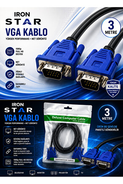 IRONSTAR VGA KABLO 3 METRE / VGA Monitör Kablosu / VGA Erkek Erkek Kablo / 15...