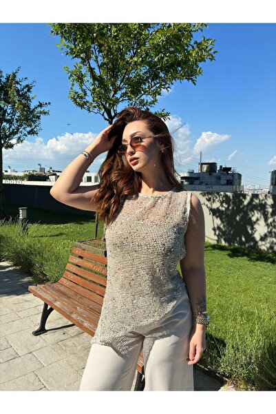 ecemce butik Asimetrik Pullu File Bluz