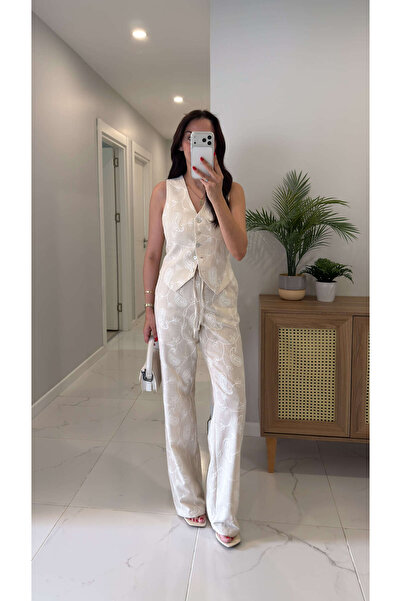 BİRCANÇİL Norde Cream Embroidered Detailed Vest and Trousers Set
