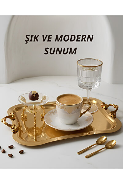 Moon Dizayn Gold/Gümüş Detaylı Premium Kahve Yanı Sunum Seti – Şık Tepsi, Ayaklı İkramlık ve Bardak