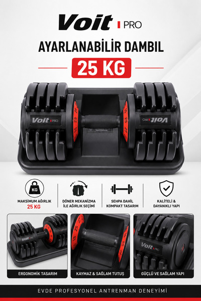 Voit Pro 25 Kg Ayarlanabilir Dambıl Seti Sehpalı Fitness Ağırlık Dumbbell Ev ...