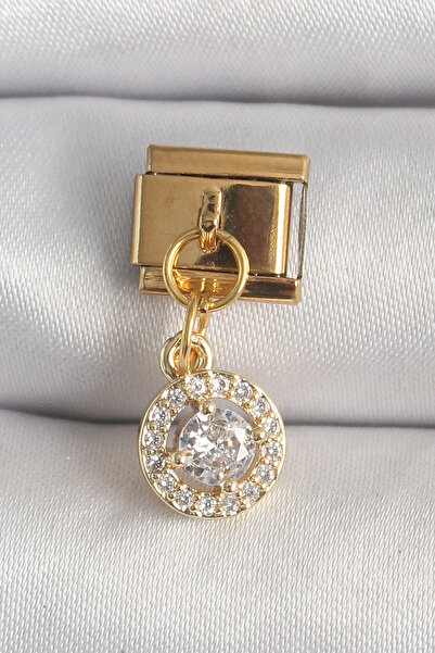 OGHAMAY 316L Steel Gold Color Hanging Circle Zircon Stone Nomination Charm