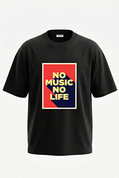 Anetos No Music No Life Design Πίσω Βαμβακερό μαύρο μπλουζάκι Oversize