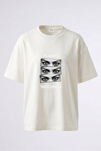 Anetos Always Watching Design Back Printed Cotton White Oversize T-Shirt