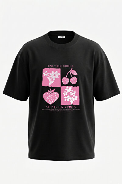 Anetos Summer Fruit Flower Design Back Printed Cotton Black Oversize T-Shirt