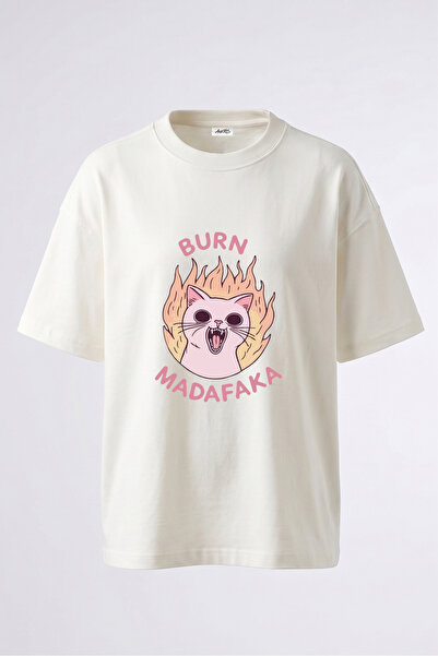 Anetos Burning Cat Meme Design Back Printed Cotton White Oversize T-Shirt
