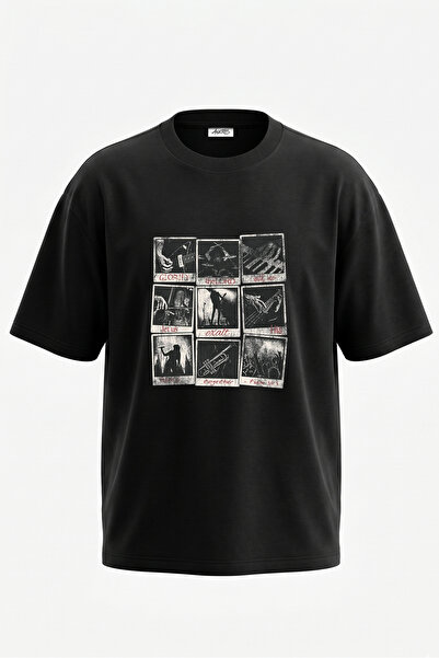 Anetos Tricou oversize negru din bumbac cu imprimeu pe spate Rock Band Design