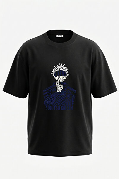 Anetos Tricou oversize negru din bumbac cu imprimeu pe spate Gojo Satoru Design