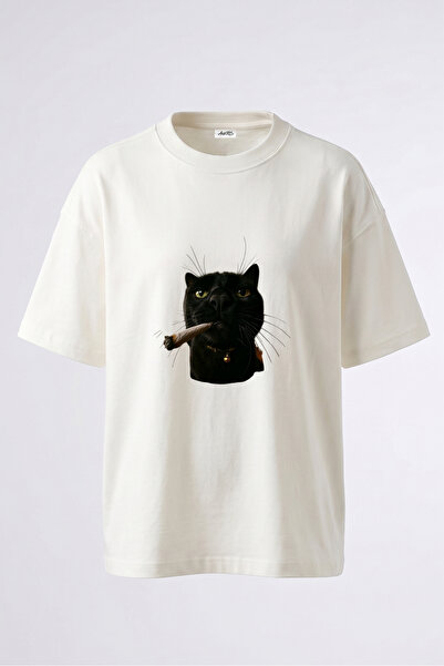 Anetos Tricou oversize alb din bumbac cu imprimeu pe spate Black Cat Joint De...