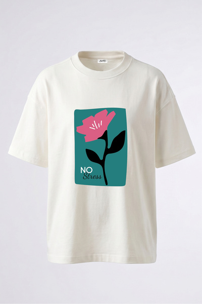 Anetos Tricou oversize alb din bumbac, cu imprimeu pe spate, No Stress Flower...