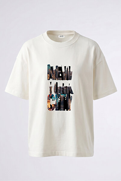 Anetos Tricou oversize alb din bumbac cu imprimeu pe spate, New York City Design