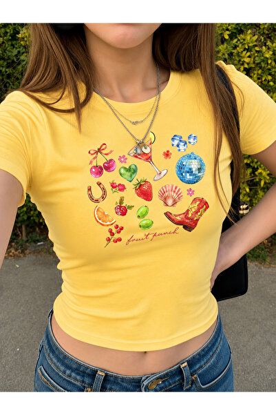 PALPİTO Women's Fruit Festival Printed Crew Neck Tight Crop Tshirt