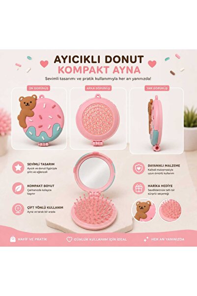 PeriMila Ayıcıklı Donut Tasarımlı Katlanabilir Aynalı Cep Tarağı Mini Saç Fır...