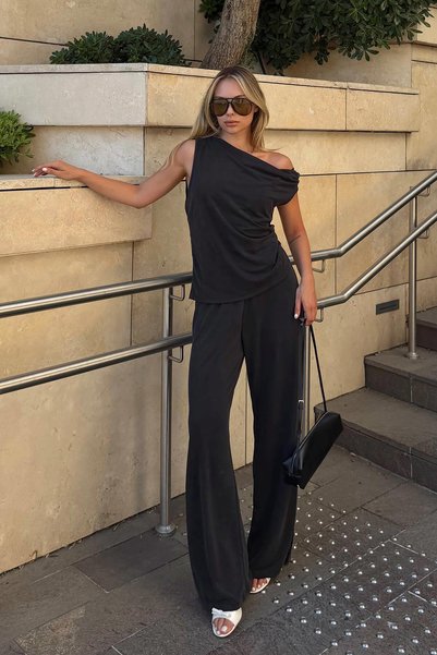 Swist Black Low Sleeve Off Shoulder Blouse-High Waist Pants Women's Bottom Top Set