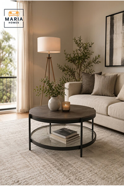 MARIA HOMES Modern Round Coffee Table Wooden Top with Glass Shelf Center Tabl...