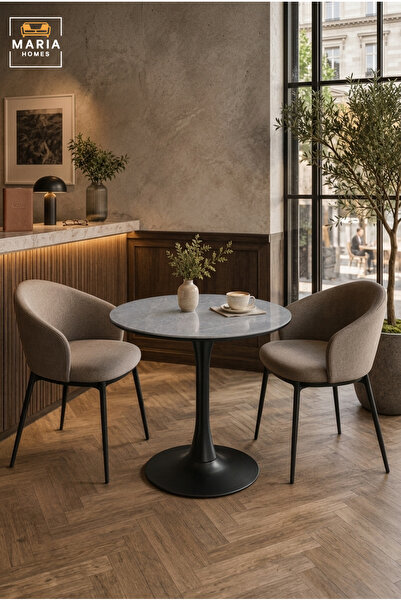 MARIA HOMES Modern Round Café Table with Marble-Effect Top – Bistro Coffee Ta...