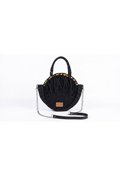 JADDA Handmade Daily Knitted Shoulder Bag with Paper String Fringes, Black Round